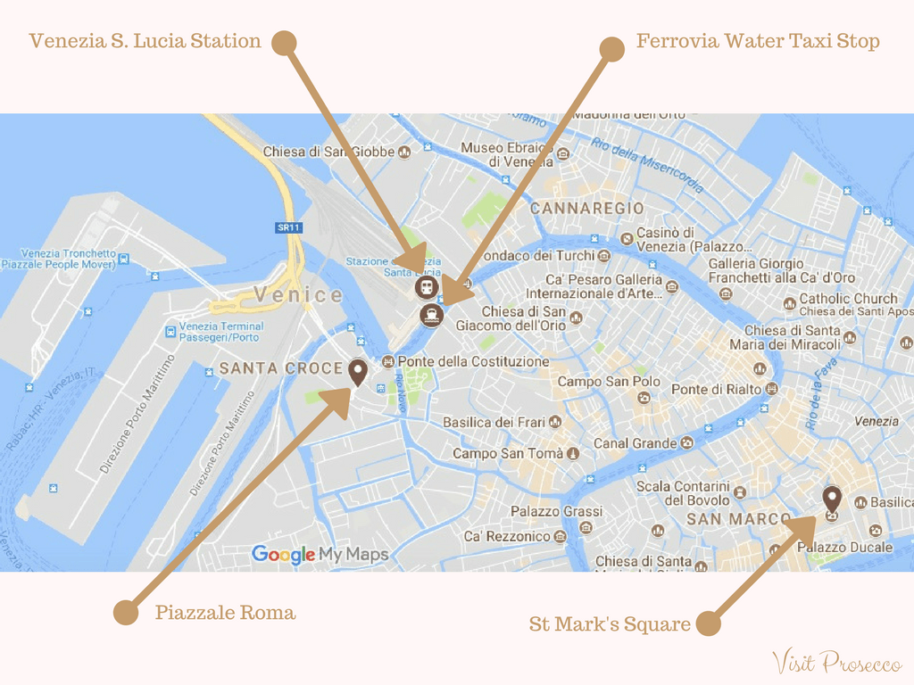 Map of the train station and vaporetto on Venice island for getting to Prosecco.