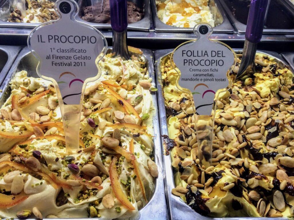fruit and nut topped gelato trays in italy