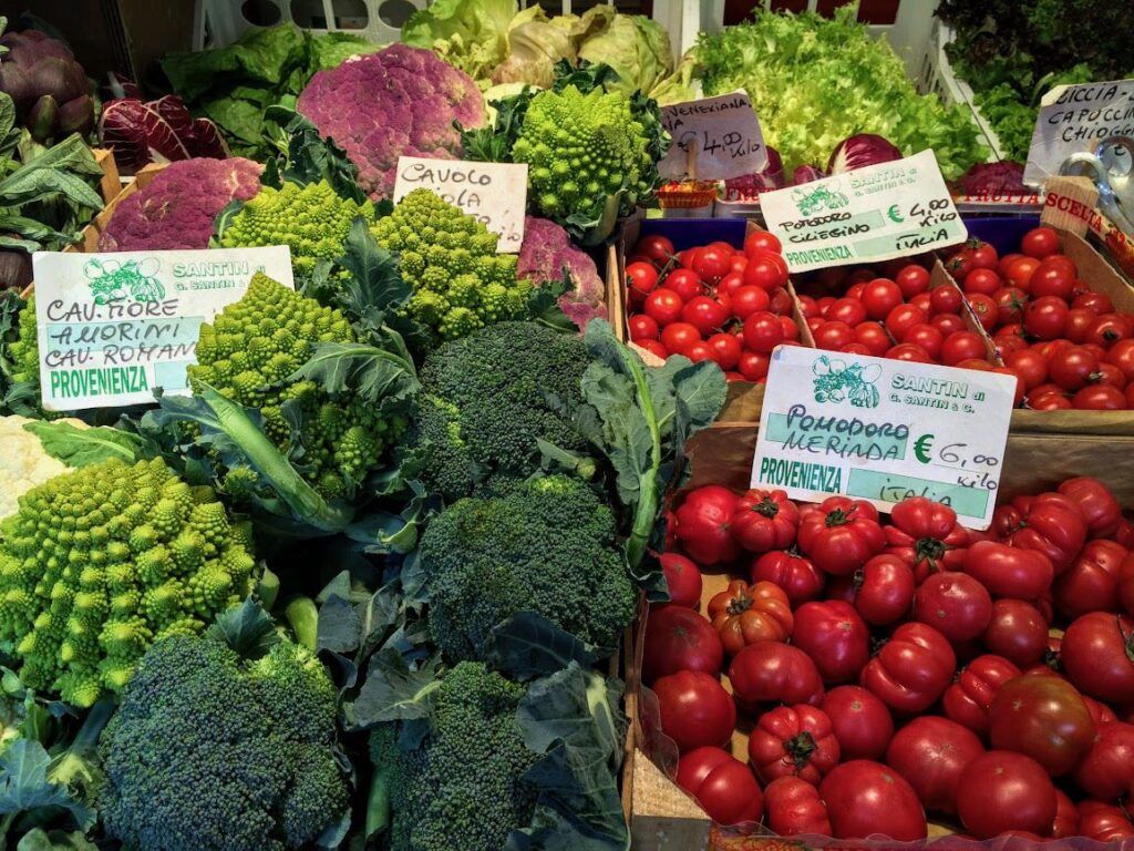 bright vegetables at Rialto market stall