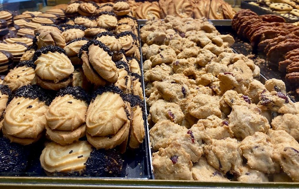 Trays of breakfast cookies shortbread and chocolate